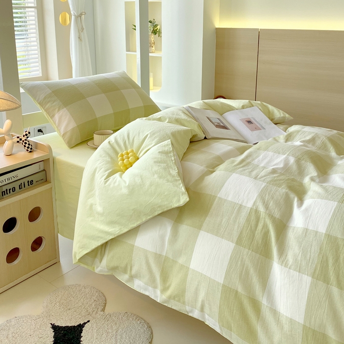 91家纺网 家纺一手货源 找家纺 春皖家纺 2025新款AB棉全棉亲肤水洗棉学生三件套四件套 素雅-芳绿