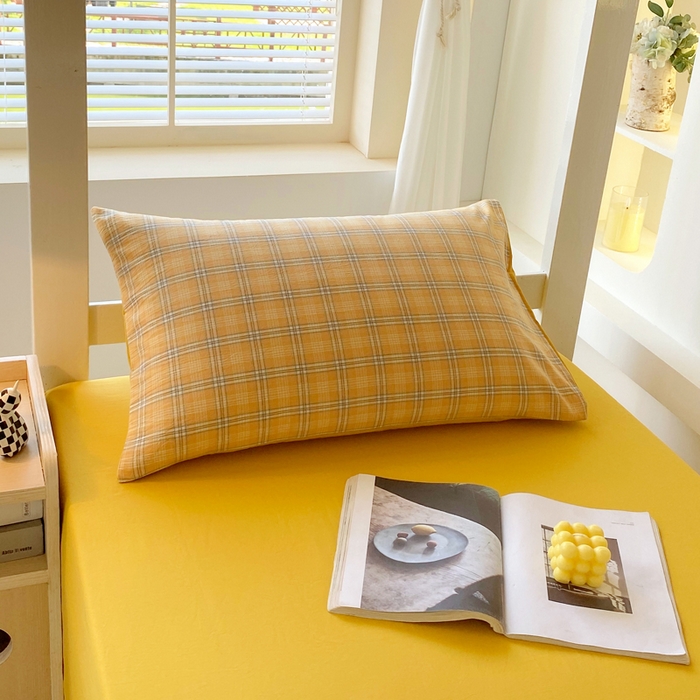 91家纺网 家纺一手货源 找家纺 春皖家纺 2025新款AB棉全棉亲肤水洗棉学生三件套四件套 素雅-黄条