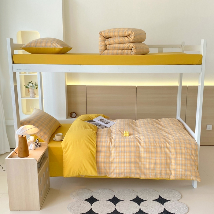 91家纺网 家纺一手货源 找家纺 春皖家纺 2025新款AB棉全棉亲肤水洗棉学生三件套四件套 素雅-黄条