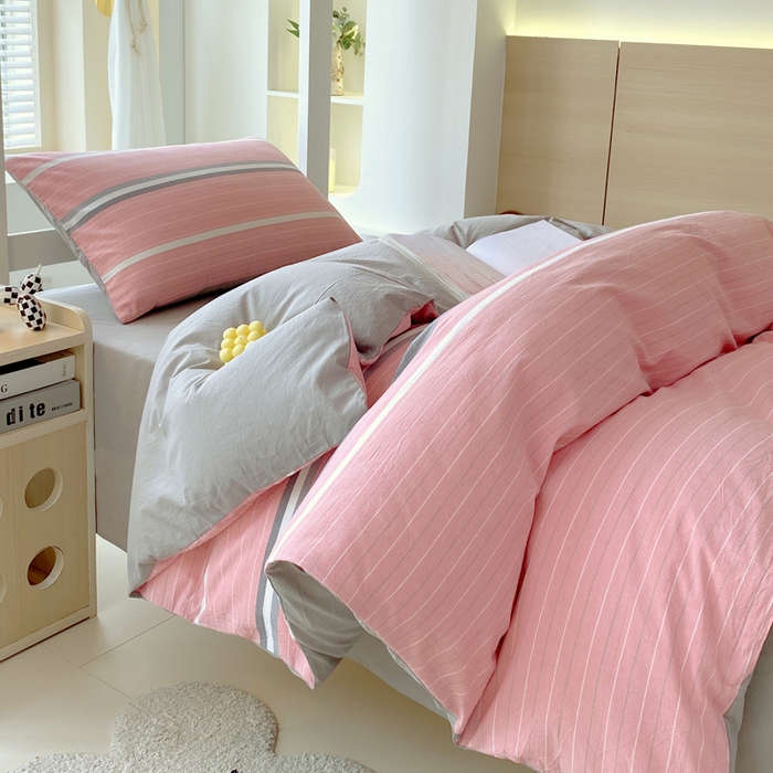 91家纺网 家纺一手货源 找家纺 春皖家纺 2025新款AB棉全棉亲肤水洗棉学生三件套四件套 素雅-蔻粉