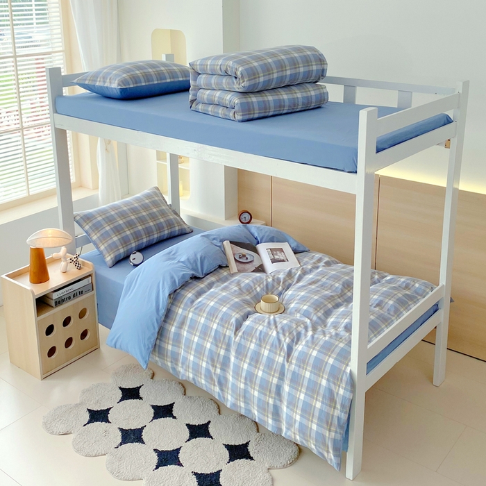 春皖家纺 2025新款AB棉全棉亲肤水洗棉学生三件套四件套 素雅-蓝格