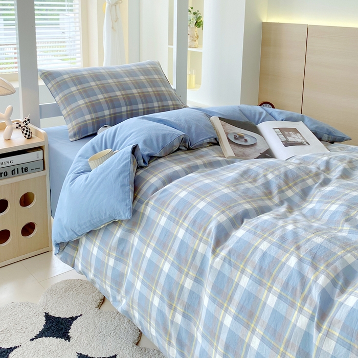 91家纺网 家纺一手货源 找家纺 春皖家纺 2025新款AB棉全棉亲肤水洗棉学生三件套四件套 素雅-蓝格