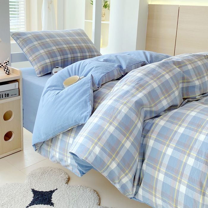 91家纺网 家纺一手货源 找家纺 春皖家纺 2025新款AB棉全棉亲肤水洗棉学生三件套四件套 素雅-蓝格