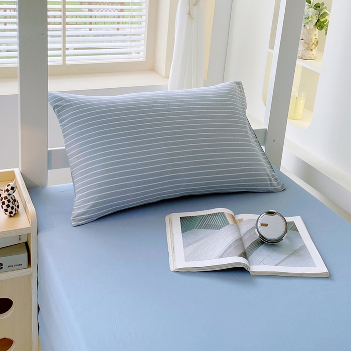 91家纺网 家纺一手货源 找家纺 春皖家纺 2025新款AB棉全棉亲肤水洗棉学生三件套四件套 素雅-蓝条