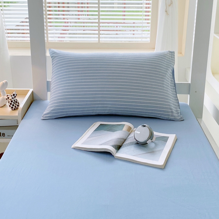 91家纺网 家纺一手货源 找家纺 春皖家纺 2025新款AB棉全棉亲肤水洗棉学生三件套四件套 素雅-蓝条