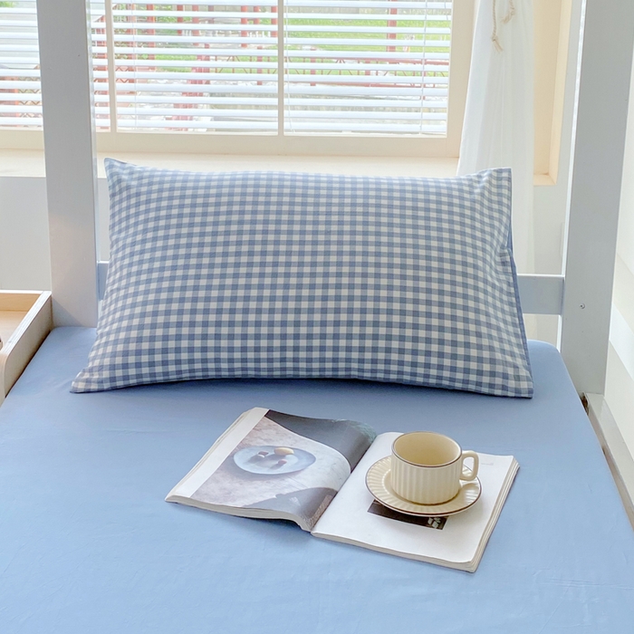 91家纺网 家纺一手货源 找家纺 春皖家纺 2025新款AB棉全棉亲肤水洗棉学生三件套四件套 素雅-蓝小格