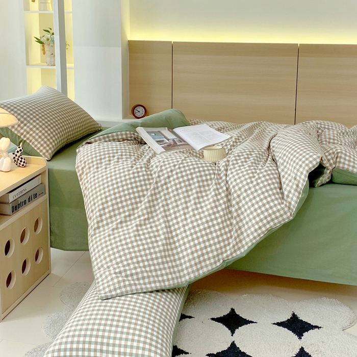 91家纺网 家纺一手货源 找家纺 春皖家纺 2025新款AB棉全棉亲肤水洗棉学生三件套四件套 素雅-绿格