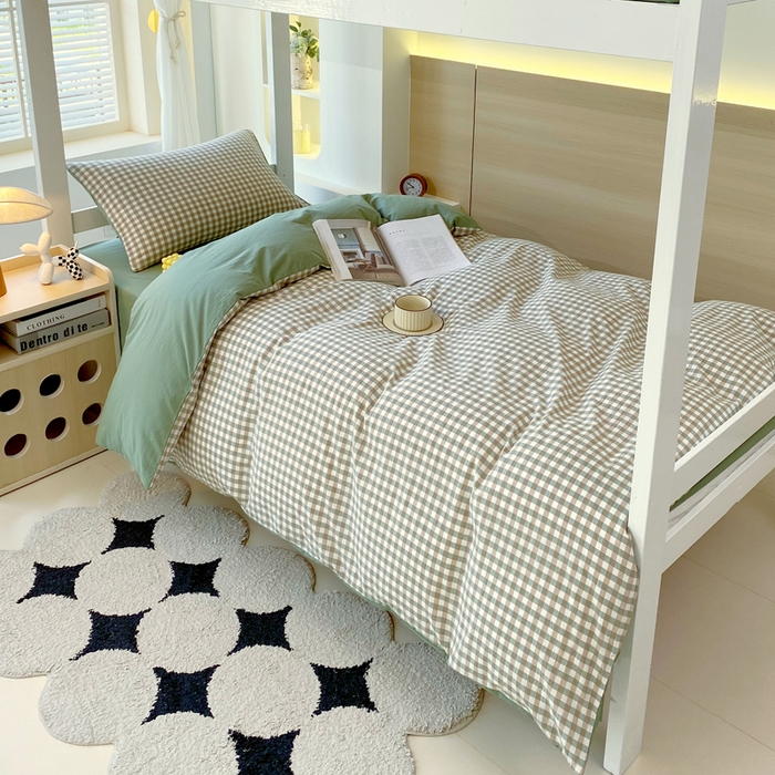 91家纺网 家纺一手货源 找家纺 春皖家纺 2025新款AB棉全棉亲肤水洗棉学生三件套四件套 素雅-绿格