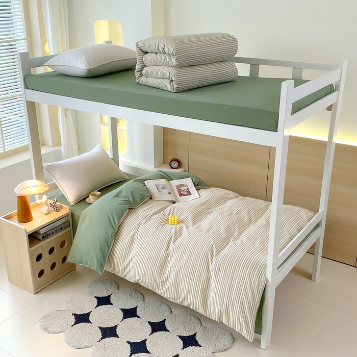 春皖家纺 2025新款AB棉全棉亲肤水洗棉学生三件套四件套 素雅-绿条