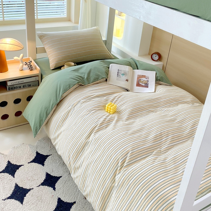 91家纺网 家纺一手货源 找家纺 春皖家纺 2025新款AB棉全棉亲肤水洗棉学生三件套四件套 素雅-绿条