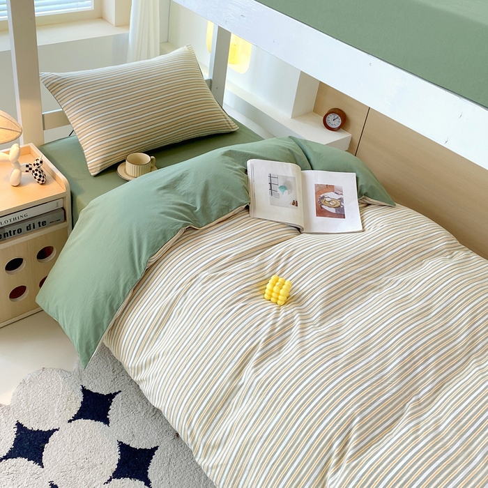 91家纺网 家纺一手货源 找家纺 春皖家纺 2025新款AB棉全棉亲肤水洗棉学生三件套四件套 素雅-绿条