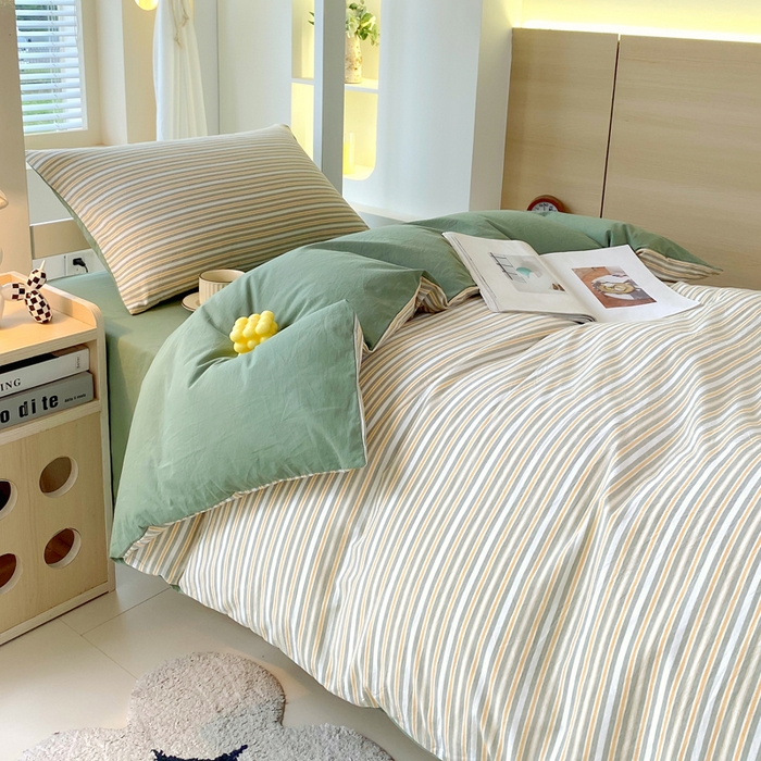 91家纺网 家纺一手货源 找家纺 春皖家纺 2025新款AB棉全棉亲肤水洗棉学生三件套四件套 素雅-绿条