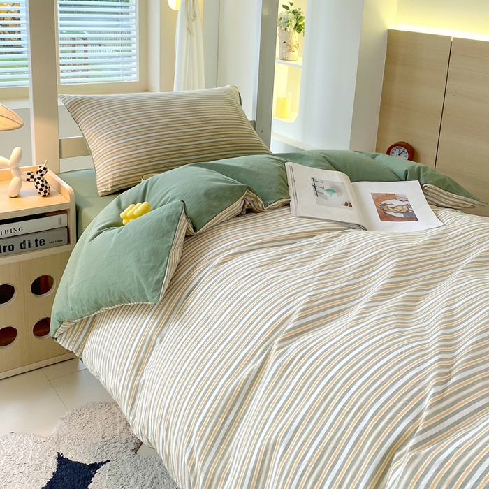 91家纺网 家纺一手货源 找家纺 春皖家纺 2025新款AB棉全棉亲肤水洗棉学生三件套四件套 素雅-绿条