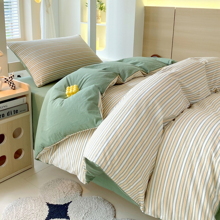 91家纺网 家纺一手货源 找家纺 春皖家纺 2025新款AB棉全棉亲肤水洗棉学生三件套四件套 素雅-绿条