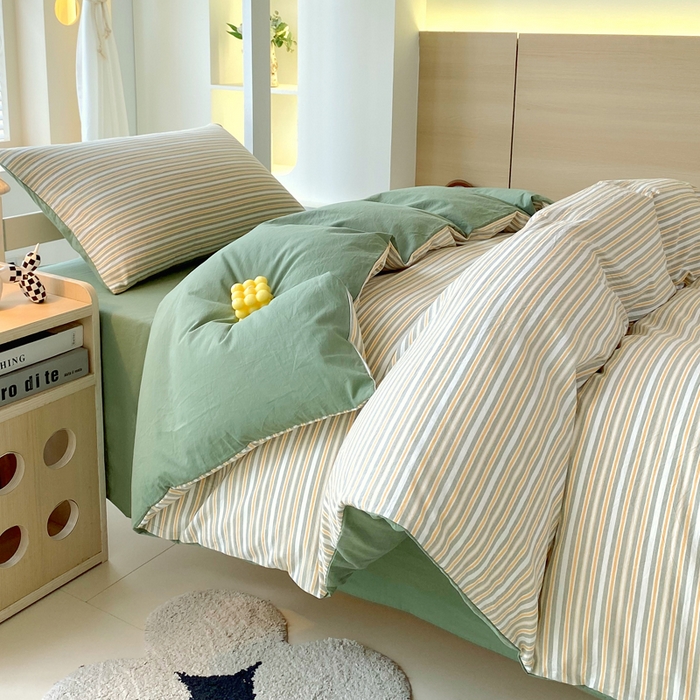 91家纺网 家纺一手货源 找家纺 春皖家纺 2025新款AB棉全棉亲肤水洗棉学生三件套四件套 素雅-绿条