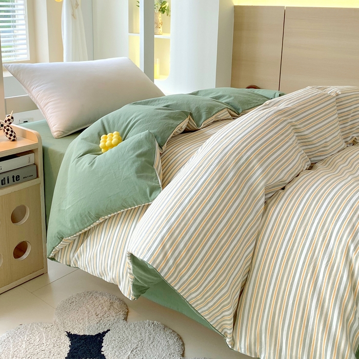 91家纺网 家纺一手货源 找家纺 春皖家纺 2025新款AB棉全棉亲肤水洗棉学生三件套四件套 素雅-绿条