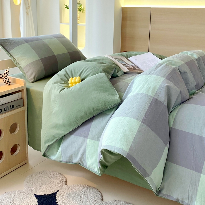 91家纺网 家纺一手货源 找家纺 春皖家纺 2025新款AB棉全棉亲肤水洗棉学生三件套四件套 素雅-清格