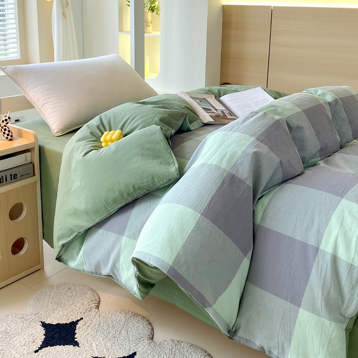 91家纺网 家纺一手货源 找家纺 春皖家纺 2025新款AB棉全棉亲肤水洗棉学生三件套四件套 素雅-清格