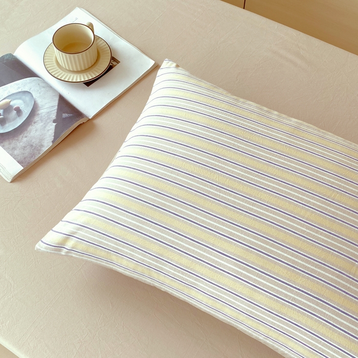 91家纺网 家纺一手货源 找家纺 春皖家纺 2025新款AB棉全棉亲肤水洗棉学生三件套四件套 素雅-杏黄纹