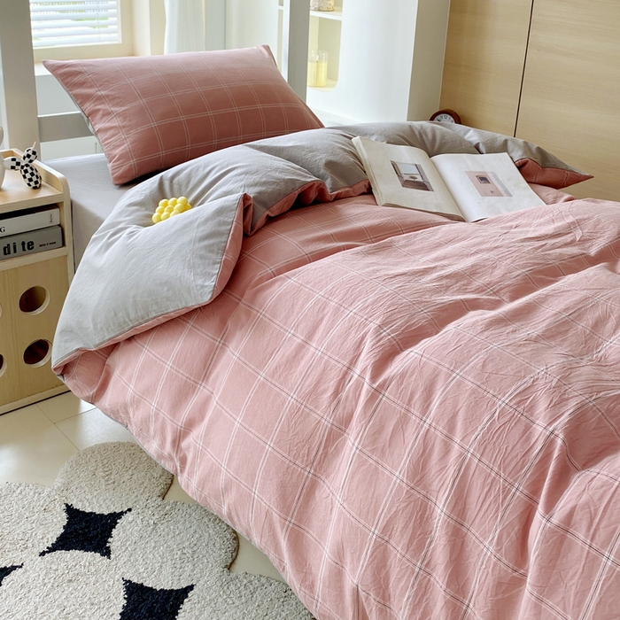 91家纺网 家纺一手货源 找家纺 春皖家纺 2025新款AB棉全棉亲肤水洗棉学生三件套四件套 素雅-韵粉