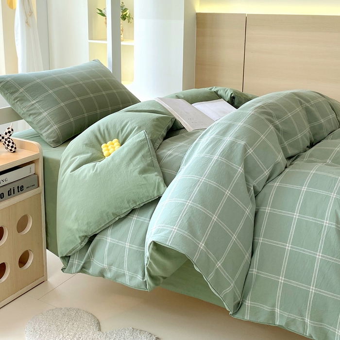 91家纺网 家纺一手货源 找家纺 春皖家纺 2025新款AB棉全棉亲肤水洗棉学生三件套四件套 素雅-韵绿