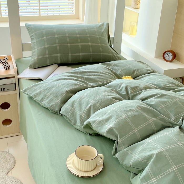 91家纺网 家纺一手货源 找家纺 春皖家纺 2025新款AB棉全棉亲肤水洗棉学生三件套四件套 素雅-韵绿