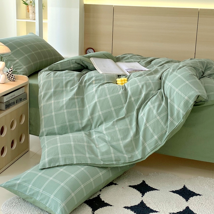 91家纺网 家纺一手货源 找家纺 春皖家纺 2025新款AB棉全棉亲肤水洗棉学生三件套四件套 素雅-韵绿