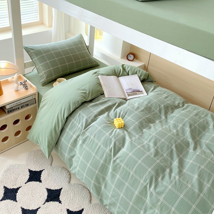 91家纺网 家纺一手货源 找家纺 春皖家纺 2025新款AB棉全棉亲肤水洗棉学生三件套四件套 素雅-韵绿