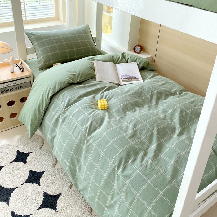 91家纺网 家纺一手货源 找家纺 春皖家纺 2025新款AB棉全棉亲肤水洗棉学生三件套四件套 素雅-韵绿