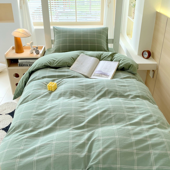 91家纺网 家纺一手货源 找家纺 春皖家纺 2025新款AB棉全棉亲肤水洗棉学生三件套四件套 素雅-韵绿