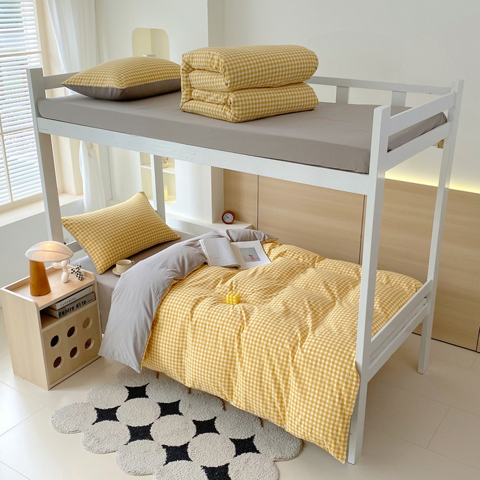 春皖家纺 2025新款AB棉全棉亲肤水洗棉学生三件套四件套 朱羽-黄格