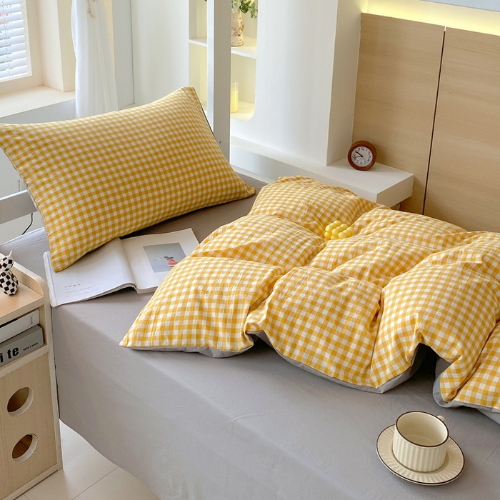 91家纺网 家纺一手货源 找家纺 春皖家纺 2025新款AB棉全棉亲肤水洗棉学生三件套四件套 朱羽-黄格