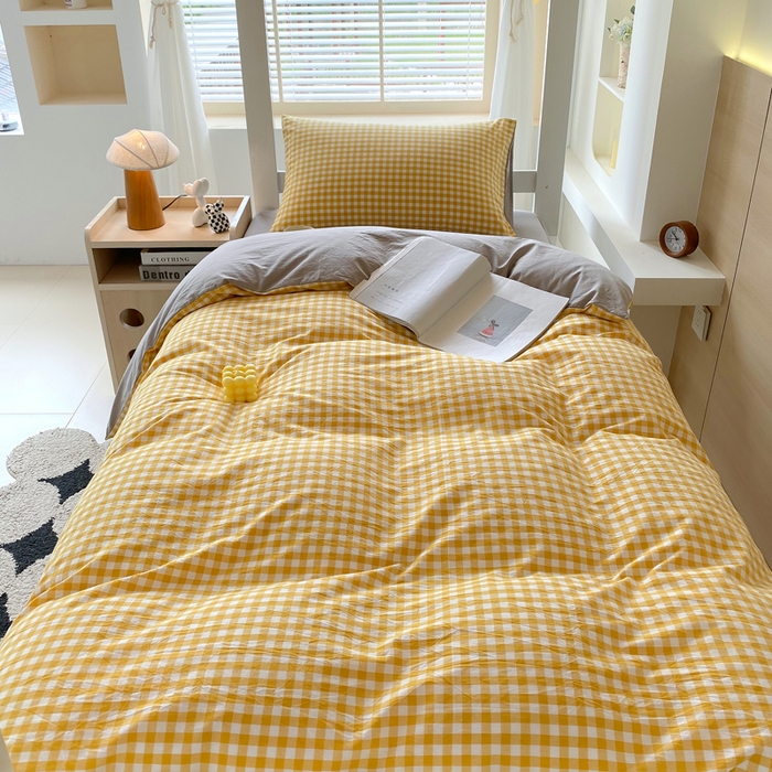 91家纺网 家纺一手货源 找家纺 春皖家纺 2025新款AB棉全棉亲肤水洗棉学生三件套四件套 朱羽-黄格