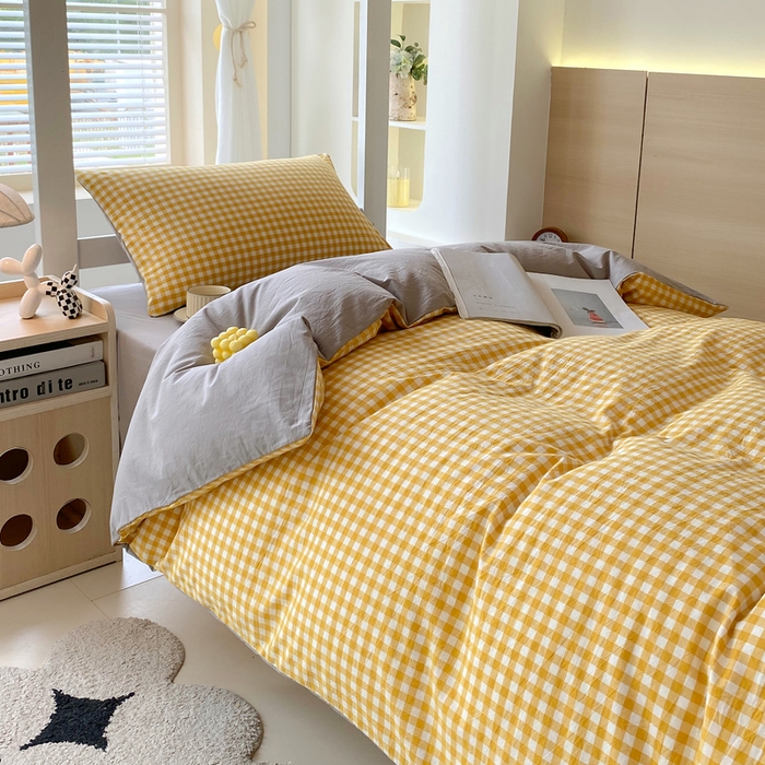 91家纺网 家纺一手货源 找家纺 春皖家纺 2025新款AB棉全棉亲肤水洗棉学生三件套四件套 朱羽-黄格