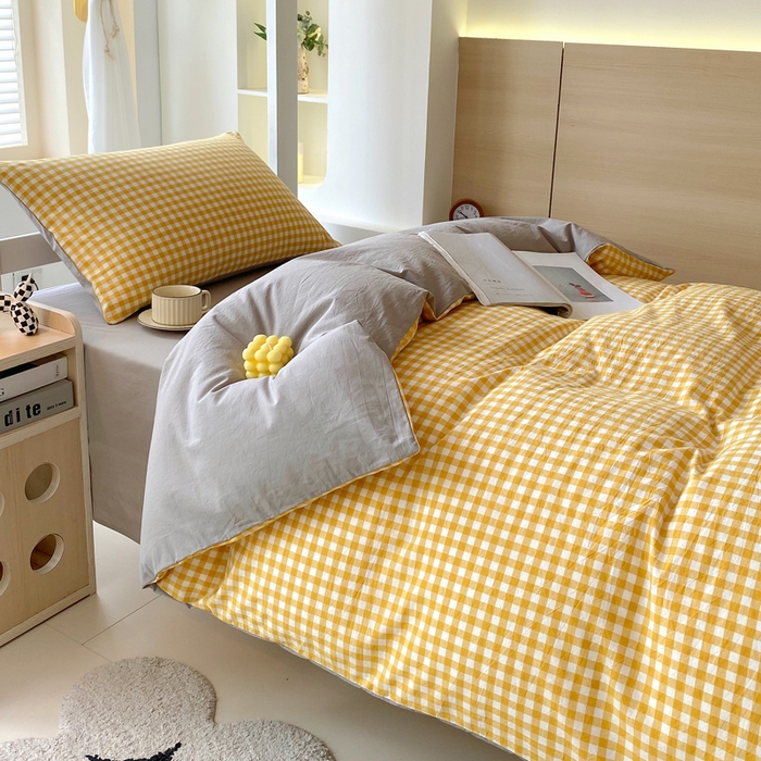 91家纺网 家纺一手货源 找家纺 春皖家纺 2025新款AB棉全棉亲肤水洗棉学生三件套四件套 朱羽-黄格