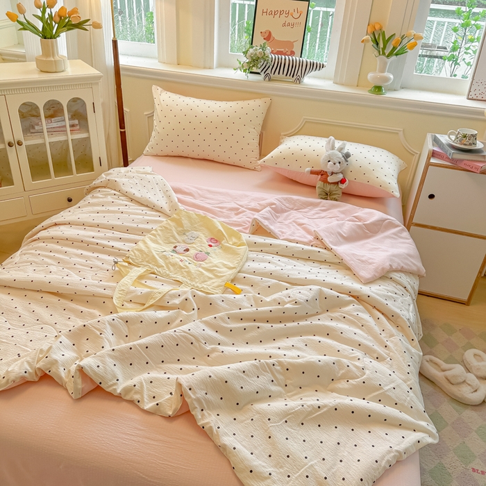 91家纺网 家纺一手货源 找家纺 玉海棠家纺 2025新款云感双层纱暗合夏被夏凉被空调被四件套 波点