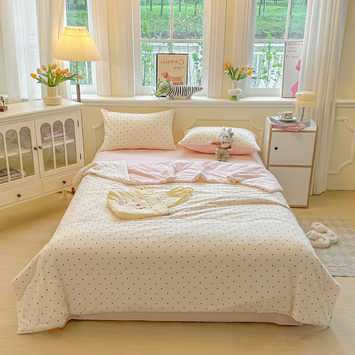 91家纺网 家纺一手货源 找家纺 玉海棠家纺 2025新款云感双层纱暗合夏被夏凉被空调被四件套 波点