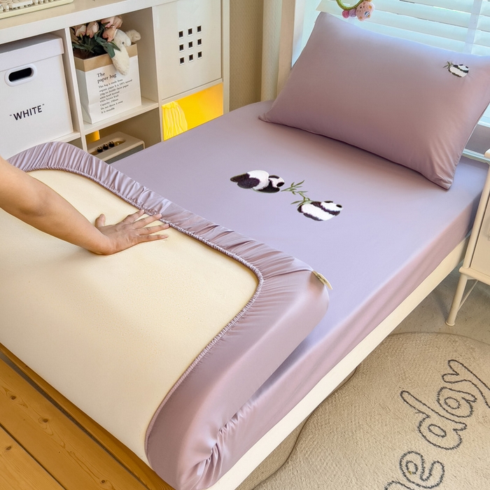 91家纺网 家纺一手货源 找家纺 （总）席世家 2025新款40支全棉纯棉绣花学生床笠-熊猫抱竹