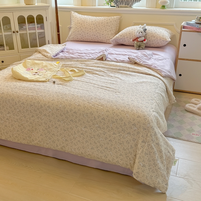 91家纺网 家纺一手货源 找家纺 玉海棠家纺 2025新款云感双层纱暗合夏被夏凉被空调被四件套 花园兔