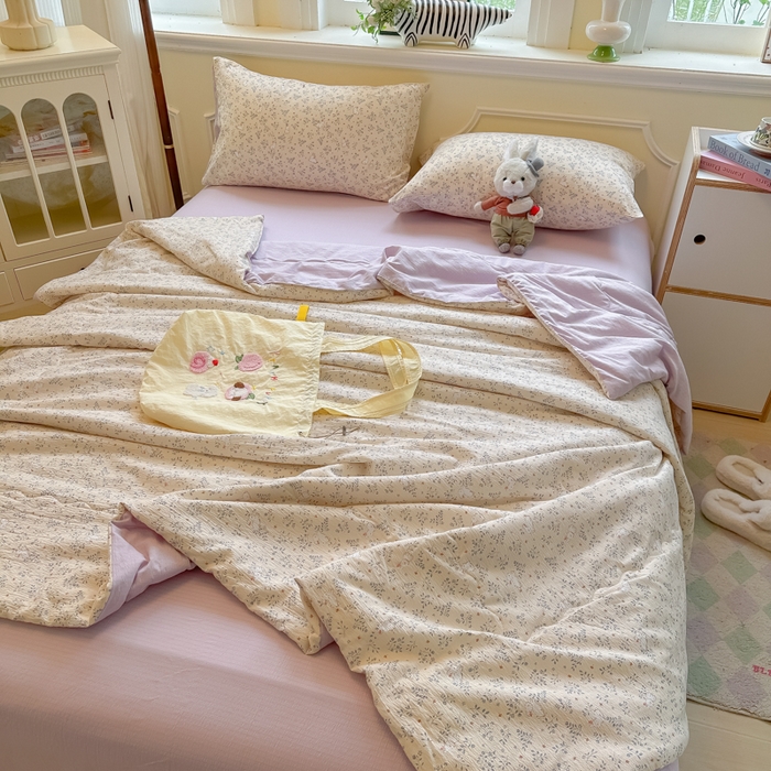 91家纺网 家纺一手货源 找家纺 玉海棠家纺 2025新款云感双层纱暗合夏被夏凉被空调被四件套 花园兔