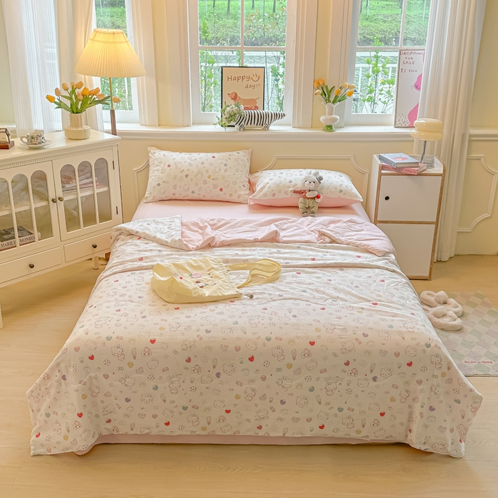 91家纺网 家纺一手货源 找家纺 玉海棠家纺 2025新款云感双层纱暗合夏被夏凉被空调被四件套 凯蒂猫