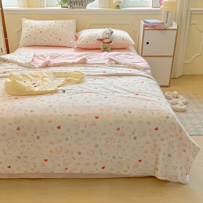 91家纺网 家纺一手货源 找家纺 玉海棠家纺 2025新款云感双层纱暗合夏被夏凉被空调被四件套 凯蒂猫