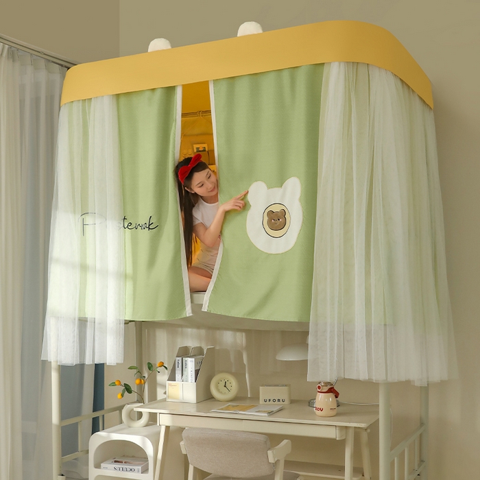 91家纺网 家纺一手货源 找家纺 都市缘蚊帐 2025新款学生宿舍导轨遮光床帘上下铺贴布卡通蚊帐0.8m 0.9m床 baby熊-豆绿