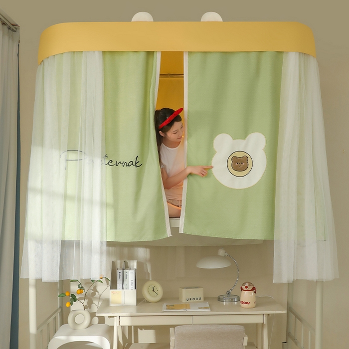 91家纺网 家纺一手货源 找家纺 都市缘蚊帐 2025新款学生宿舍导轨遮光床帘上下铺贴布卡通蚊帐0.8m 0.9m床 baby熊-豆绿