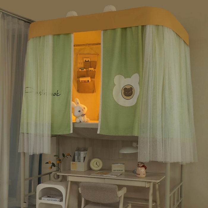 91家纺网 家纺一手货源 找家纺 都市缘蚊帐 2025新款学生宿舍导轨遮光床帘上下铺贴布卡通蚊帐0.8m 0.9m床 baby熊-豆绿