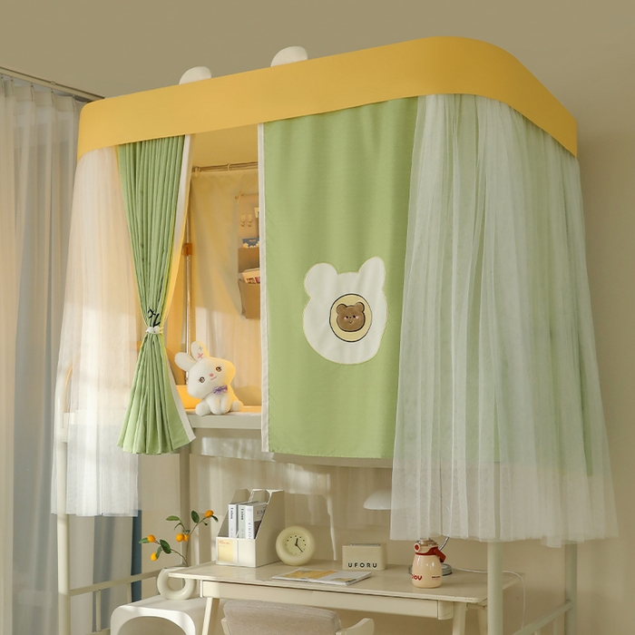 91家纺网 家纺一手货源 找家纺 都市缘蚊帐 2025新款学生宿舍导轨遮光床帘上下铺贴布卡通蚊帐0.8m 0.9m床 baby熊-豆绿