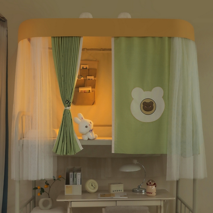 91家纺网 家纺一手货源 找家纺 都市缘蚊帐 2025新款学生宿舍导轨遮光床帘上下铺贴布卡通蚊帐0.8m 0.9m床 baby熊-豆绿