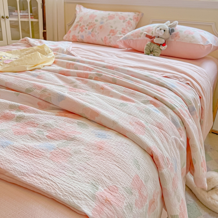 91家纺网 家纺一手货源 找家纺 玉海棠家纺 2025新款云感双层纱暗合夏被夏凉被空调被四件套 十里桃花