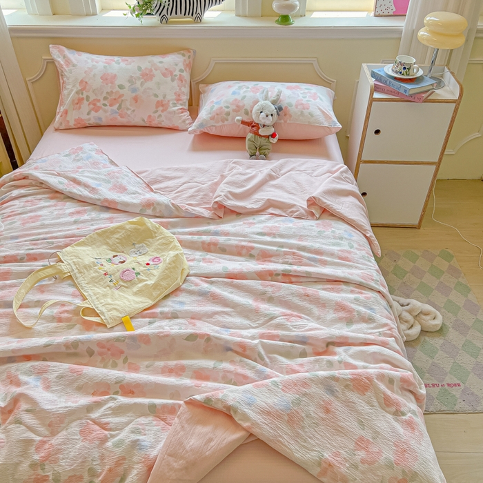 91家纺网 家纺一手货源 找家纺 玉海棠家纺 2025新款云感双层纱暗合夏被夏凉被空调被四件套 十里桃花