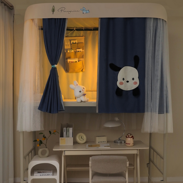 91家纺网 家纺一手货源 找家纺 都市缘蚊帐 2025新款学生宿舍导轨遮光床帘上下铺贴布卡通蚊帐0.8m 0.9m床 呆萌狗-藏青